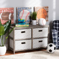 Baxton Studio L3455FD-DV-Grey/White Baxton Studio Jorah Modern and Contemporary Grey and White Fabric Upholstered Greywashed Wood 4-Basket Storage Unith